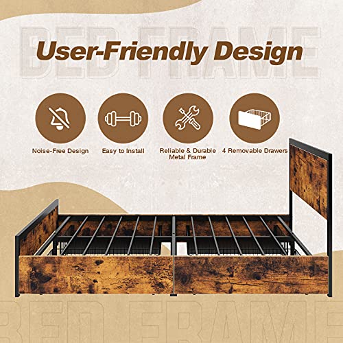 Rolanstar Queen Bed Frame with 4 Drawers and Headboard, Particle Board