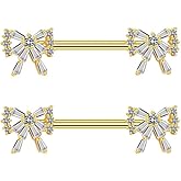 Niaspi 14G Crystal Bow Nipple Rings for Women Girls Surgical Steel Cubic Zircon Nipplerings Nipple Shield Studs Straight Bar Piercing Barbell Hypoallergenic Body Piercing Jewelry