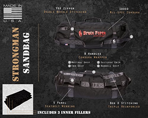 Brute Force Sandbags - Strongman - Black - Home Gym Strongman Sandbag Heavy Duty Weighted Sand Bag Multiple Grip sandbag up to 125 lbs