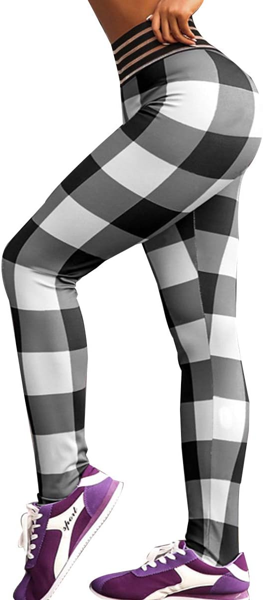 WENROU Women's High Waist Ruched Butt Lifting Slimming Plaid Leggings Workout Sport Tummy Control Gym Yoga Pants