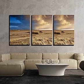 3 Piece Canvas Wall Art - Sand Beach and Dramatic Sky, Ijmuiden, Netherlands - Modern Home Art Stretched and Framed Ready to Hang - 16"x24"x3 Panels