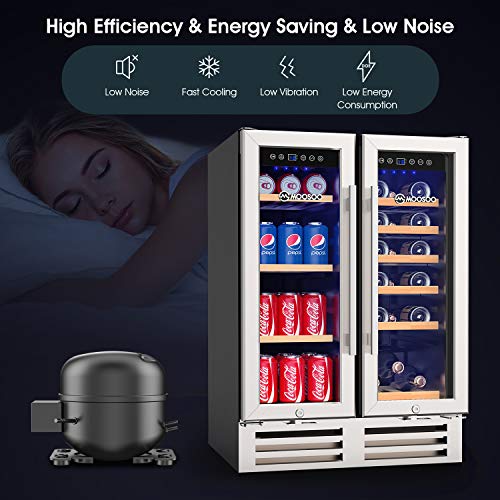 MOOSOO 24 Inch Beverage and Wine Refrigerator, Dual Zone Wine Cooler with Stainless Steel