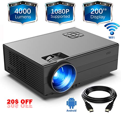 WiFi Projector(2019Newest)GIMISONIC Mini Video Projector 1080P Supported 4000Lux 200″Display LED Portable Projector, Compatible with TV Box, PS4, HDMI, VGA, Movie Projector Ideal for Indoor & Outdoor