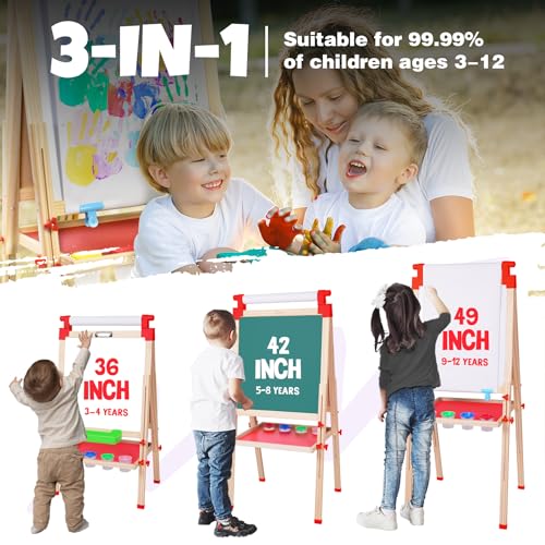 JOYOOSS Kids Wooden Easel with Paper Roll - Adjustable Magnetic Double Sided Drawing Board Whiteboard & Chalkboard Dry Easel Board,Children Art Easel for 3~12 Years Kids Boys Girls Painting Drawing