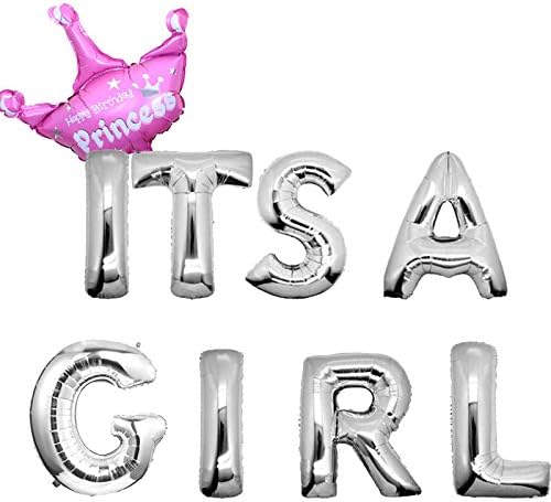 16" Set of Shining Silver "ITS A GIRL" Letters/ Alphabets Foil Balloons with Pink Leaf Crown | Baby Girl Shower Balloons | Happy Birthday Party Decorations Alphabetic Balloons (Set of 9)