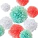 Fonder Mols 12pcs Art Craft Pom Poms Tissue Paper Flowers Ball Kit - Coral, Mint Green & White - Mixed Sizes 8'' 10'' 12'' 14''