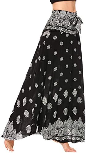 Ouyilu Women's Long Bohemian Hippie Skirt High Waist Floral Print Self-Tie Belt