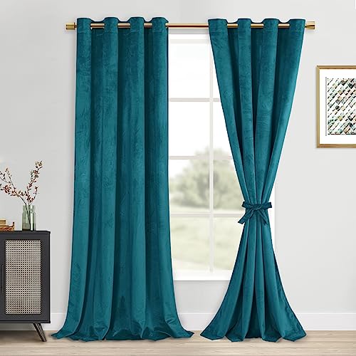 DWCN Teal Velvet Blackout Curtains - 120 Inches Long Tieable Window Curtains Panels Grommet Design Thick Fabric Thermal Insulated Window Dressing for Theater/Den/Dorm/Dining, W52 x L120, 2 Panels
