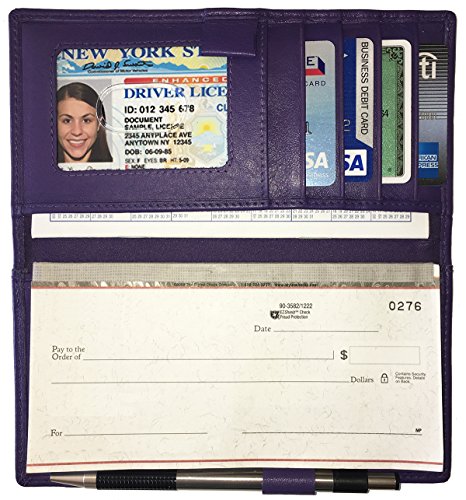 Dark Purple RFID Leather Checkbook Cover with Credit Card Slots and Pen Holder