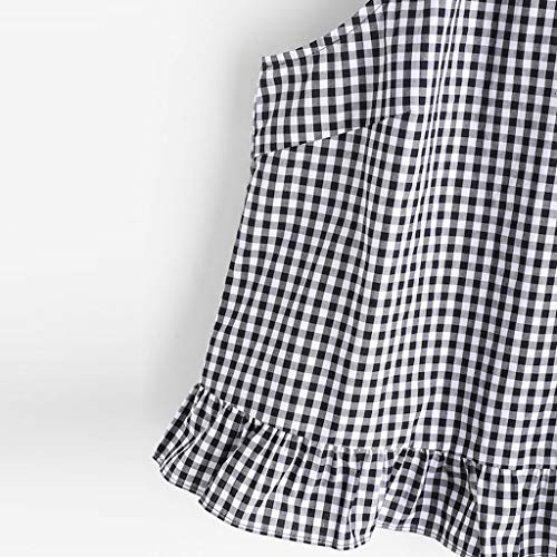 Blouses for Women Fashion 2019, Women Fashion Sleeveless Gingham Buttoned Keyhole Back Frill Halter Tank Tops Black - Thumbnail 2
