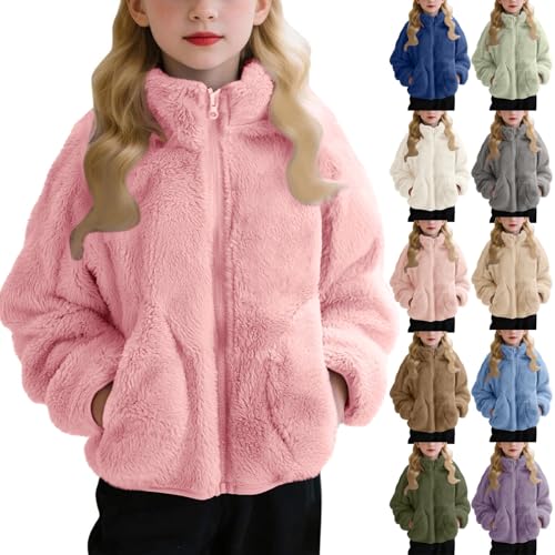 Girls Fleece Full-Zip Mock Jackets Kids Fall Winter Coats with Pockets Warm Plush Outwear Boys Girls Stand-Up Collar Cute Tops for Kids Fuzzy Sherpa Lined Jackets Coats with Pockets