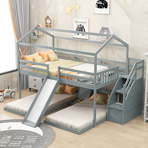 MOEO Full Over Twin & Twin House Bunk Bed with Slide and Storage ...