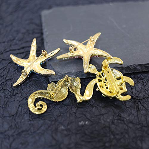 ZUOZUOYA Lovely Sea Animal Lapel Pins for Women - 4Pcs Colorful Crystal Rhinestones Marine Animals as Starfish,Seahorse,Sea Turtle Brooch Pins with Gold Tone - Great for Wife,Sisters and Friends