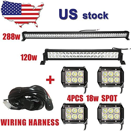 Primeprolight 50inch Led Light Bar 288W Combo Beam Light bar with 4inch 4pcs 18W Spot Led Light &amp; 22inch 120W combo light bar &amp; Wirng Harness Kit For Jeep Tractor Boat Off-Road SUV ATV Truck