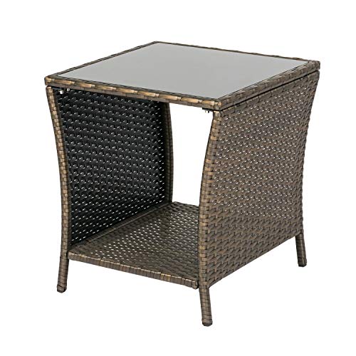 KINTNESS Wicker Rattan Side Table Outdoor End Table Patio Courtyard Coffee Bistro Glass Table