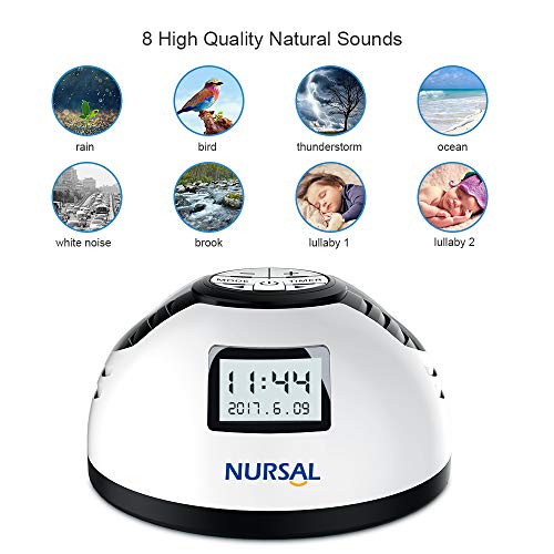 NURSAL White Noise Machine with Alarm Clock Function, Sleep Sound Machine with 8 Relaxing & Soothing Nature Sounds, Battery or Adapter Charging Options with Auto-off Timer for Sleeping, Relaxation, Ho