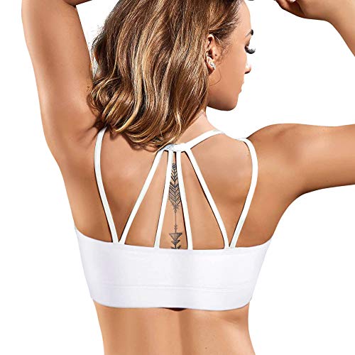 Rolewpy Strappy Women Sport Bra with Removable Padded Racerback Medium Support Running Yoga Bra (White Sport Bra, L Fit 36C 36D 38A 38B)