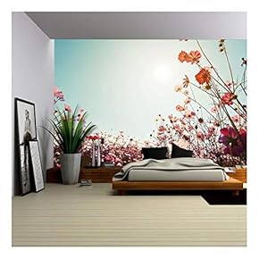 Vintage Landscape Nature Background of Beautiful Cosmos Flower Field on Sky with Sunlight - Removable Wall Mural | Self-Adhesive Large Wallpaper - 66x96 inches