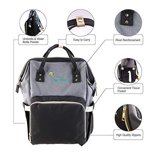 Baby Bag Backpack Waterproof Large Capacity Insulation Travel Back Pack Nappy Bags Organizer, Multi-Function, Fashion and Durable (Grey/Black)