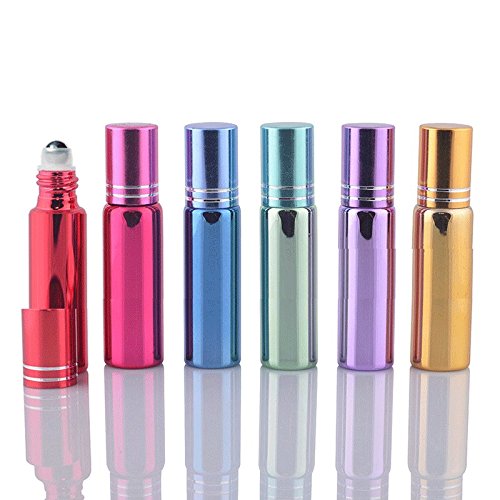 6 Sets Assorted 10ml UV Coated Glass Roller Ball Rollon Bottles Grand Parfums Refillable Bottles with Stainless Steel Rollers for Essential Oil, Serums,Fragrance,