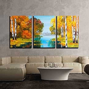 3 Piece Canvas Wall Art - Oil Painting Style Landscape Birch Forest Near The River - Modern Home Art Stretched and Framed Ready to Hang - 16"x24"x3 Panels