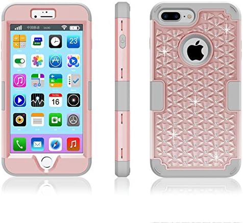 iPhone 7 plus Case, Awinning[Diamond Series]Hybrid Studded Rhinestone Crystal Bling Rubber Defender Plastic Rugged Slim Protective Cover Shell for Apple iPhone 7 plus - 5.5 inch (Rose gold+Grey)