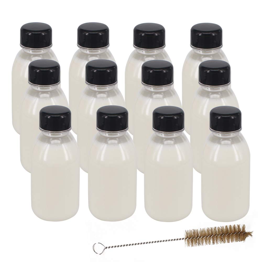 12 Pack 12oz (360 ml) Clear PET Plastic Juice Bottles with Black Lids, 1 Cleaning Brush - Empty Milk Bottles Plastic Smoothie Bottles Ideal for Juice, Milk, Other Beverages by ZMYBCPACK