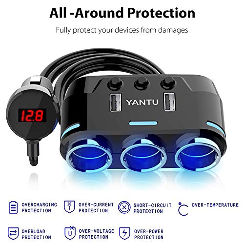 Sunjoyco 3-Socket Cigarette Lighter Adapter, 100W 12V/24V Power DC Outlet Splitter with 3.1A Dual USB Car Charger and On/Off Switch + Voltage Display for iPhone iPad Samsung GPS Dashcam - Thumbnail 4