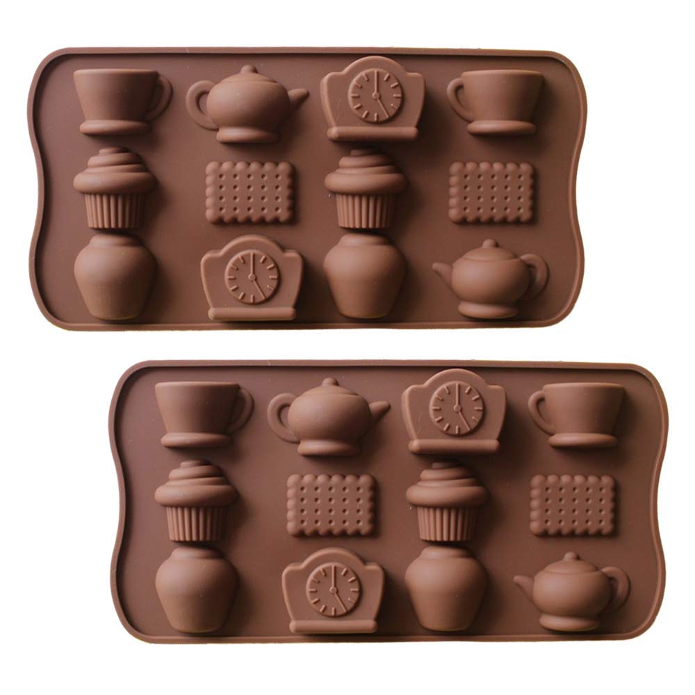 Photo 1 of 2 Pack Tea Time Silicone Molds Afternoon Tea Teapot Coffee Cups Biscuit Silicone Chocolate Candy Mold Ice Cube Trays (Random Color)