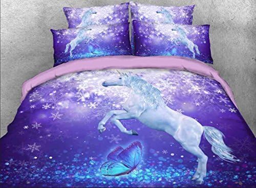Flying Unicorn and Butterfly 3D Bedding Sets Dreamlike Elegant Snowflake Print Duvet Cover Set 4 Pieces Purple Bedding Set