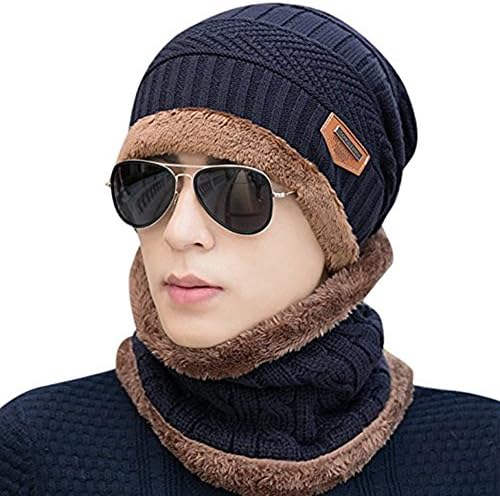 Beanie Hat Scarf Set - SWAMPLAND Winter Warm Fleece Lined Skull Cap and Scarf for Men Women,Dark blue
