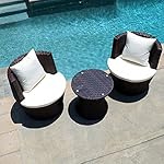 BELLEZE 3PC Patio Outdoor Rattan Patio Set Wicker Backyard Yard Furniture Outdoor Set Hour Glass Table Round Chairs, Brown