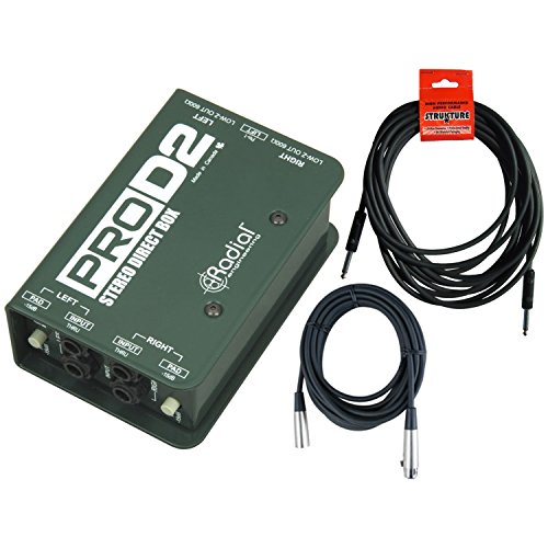 Radial ProD2 Passive 2 Channel Instrument Direct Box Passive Stereo DI with Isolation Transformer, 15dB Pad and Lift Switch with Senor Microphone Cable and Instrument Cable