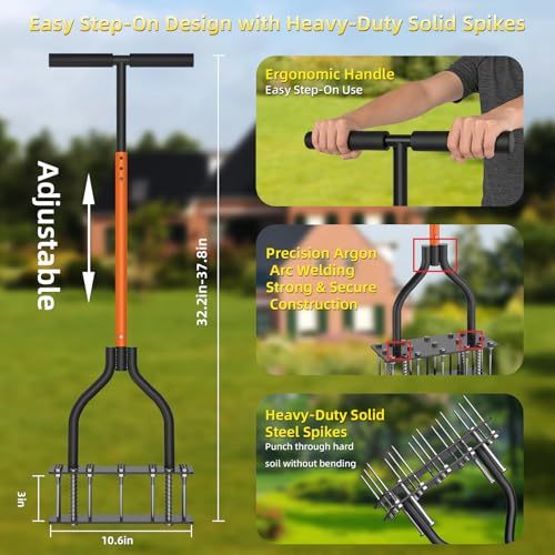 KXGBARN Lawn Aerator Tool with Dual-Layer Self-Cleaning Spikes, 15 Spike Heavy Duty Manual Lawn Aerator for Compact Soil, Anti-Clog Grass Aerator for Yard, Garden & Lawn Care