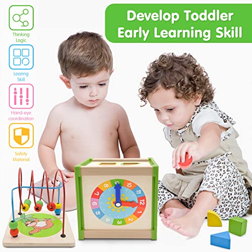 Amagoing 5in1 Baby Activity Cube, Wooden Educational Kids Toys for