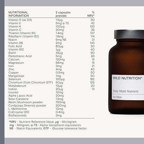 WILD NUTRITION Food-Grown® Men's Daily Multi Nutrient | Multivitamin Tablets for Men | Multivitamin for Men to Support Normal Testosterone, Brain & Nervous System, and Energy Metabolism | 60 Capsules