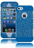 iPhone 5 Case, Bastex Heavy Duty Hybrid Protective Case - Soft Neon Blue Silicone Cover with Clear Sparkly Glitter Design Shell for Apple iPhone 5, 5S, 5G