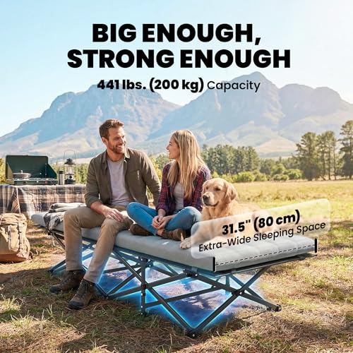 Outsunny Camping Cot with Soft Pad, 32" Extra Wide Folding Cots with Non-Slip Feet and Carry Bag, Heavy Duty Portable Oxford Sleeping Bed, 440 lbs Capacity, Grey