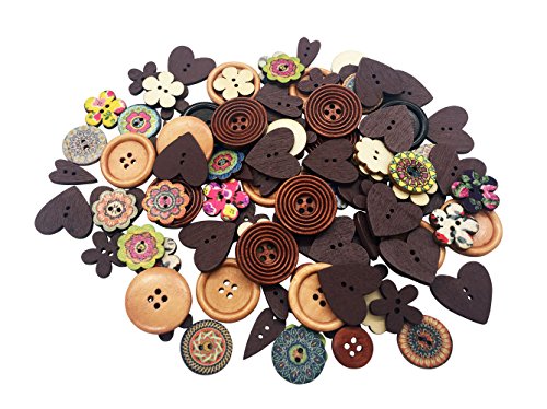 Creative Wooden Buttons Novelty Mixed Random Fashion Round 2 Holes 4 Holes Buttons for Sewing Crafting Scrapbook Retro Round Flower Heart Pattern Decorative Button 15-25MM 100 Pack(Multicolored-Mix)