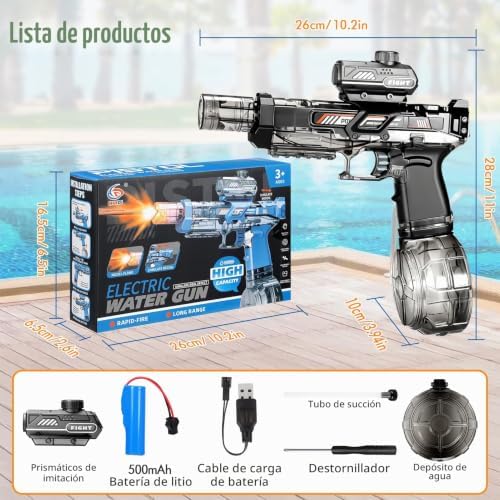 Pistola de água eletrónica para crianças adultos, pistola automática de água com luz que simula uma chama, pistola motorizada de água de longo alcance brinquedos para festas de praia na piscina para rapazes e raparigas