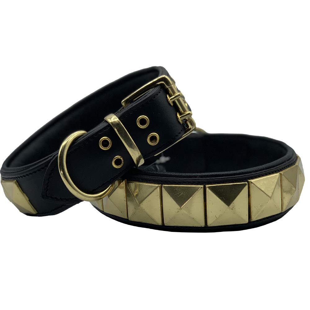 LEATHER GOLDEN PYRAMID STUDS DOG COLLAR PADDED BLACK BIG DOG COLLAR BULLY BOXER CANE CORSO (NECK SIZE 24'' INCHES TO 26'' INCHES)
