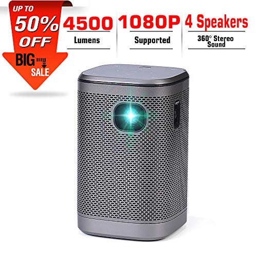 Projector Portable 4500 Lumens DLP 1080P Supported Video Projector Audio 200″ Home Theater Outdoors Gaming Mini Projectors BT WiFi Type-C HDMI USB SD Built-in Stereo Speakers Screen Sharing
