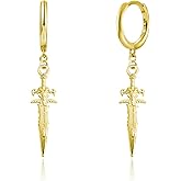 T-ztoss Unique Punk Hip Hop Cross Sword Dangle Drop Huggie Hinged Hoop Earrings Vintage Stainless Steel Cross Dagger Dangling Hoops Earrings for Women Girls Men Hypoallergenic Charms Jewelry Gifts