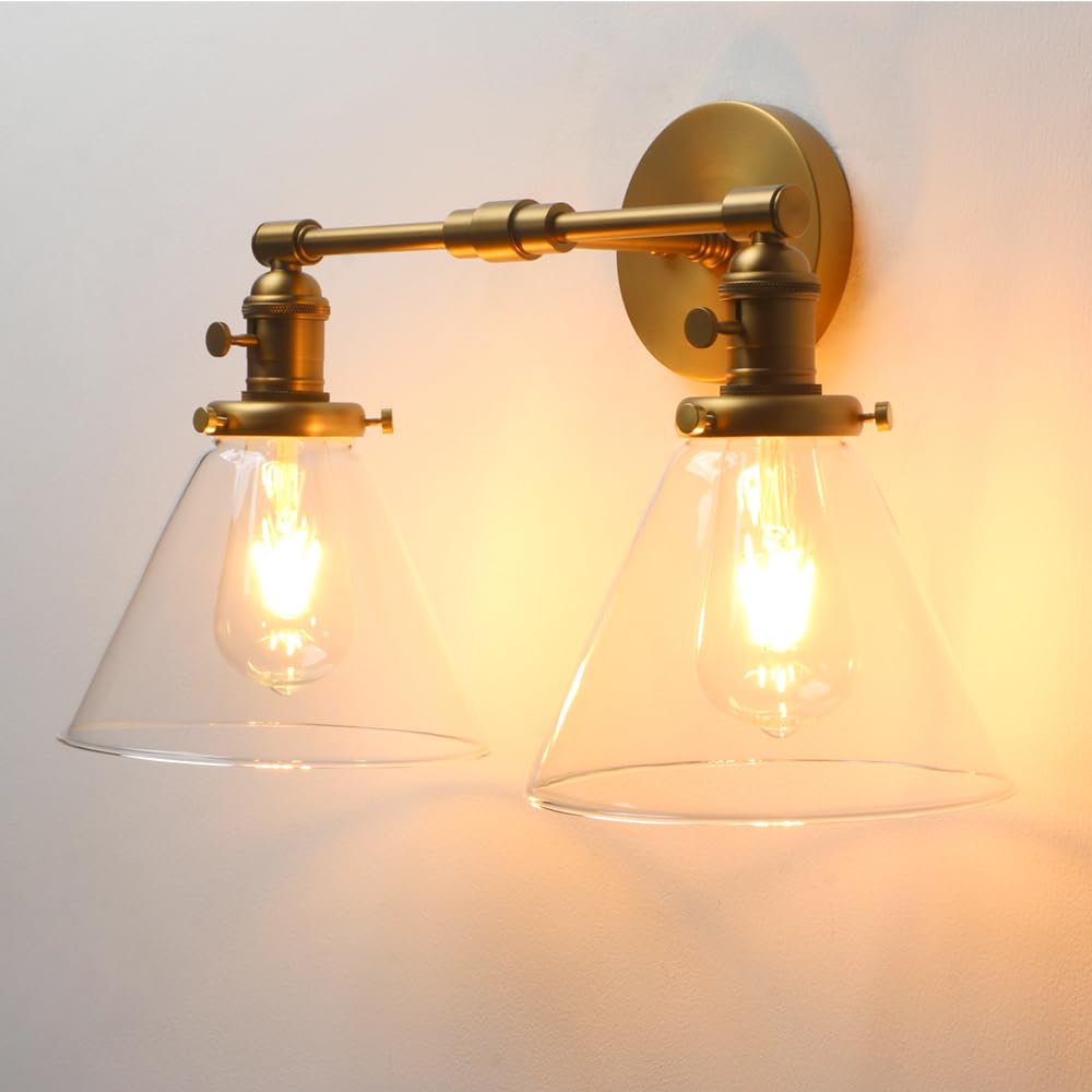Phansthy Industrial Wall Lights Fitting with Switch 2 Lights Indoor Wall Sconces Vintage Wall Light Fixtures Funnel Glass Shade Loft Wall Lamps Perfect for Bedroom Vanity Mirror (Antique)