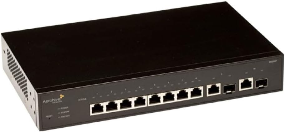 Aerohive SR2208P 8 Port Gigabit Ethernet Switch with POE+, 2 x GE dual media uplinks, 124W POE budget, Layer 2, Static routing