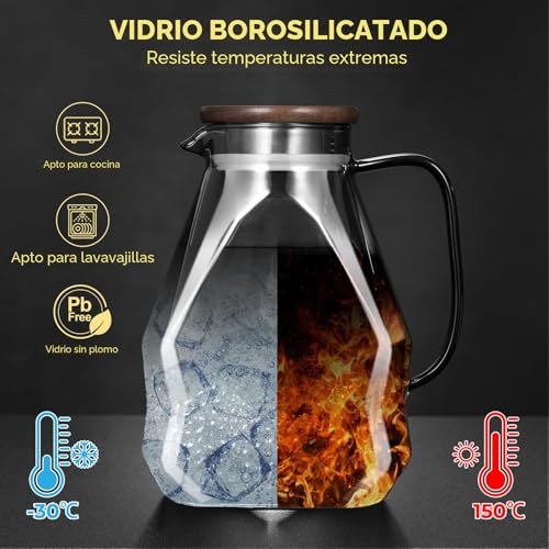 ecooe Glass Water Pitcher 1.8 Liter Glass Jug Fridge Door Glass Water Jug with Wooden Lid, Black Glass Jug for Cold/Hot Water, Juice, Milk, Coffee, Tea