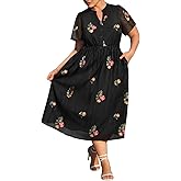 RITERA Plus Size Dresses for Curvy Women Floral V Neck Short Sleeve Party Midi Dress with Pockets XL-5XL