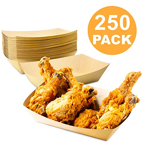 [250 Pack] 5 lb Heavy Duty Disposable Kraft Brown Paper Food Trays Grease Resistant Fast Food Paperboard Boat Basket for Parties Fairs Picnics Carnivals, Holds Tacos Nachos Fries Hot Corn Dogs