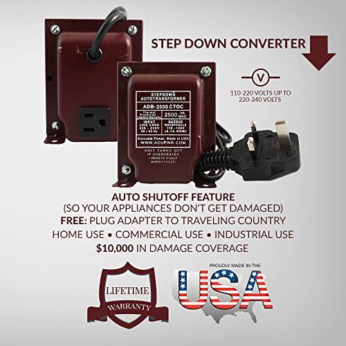 ACUPWR ADB-2500 2500-Watt 220-240 Volts to 110-120 volts Step Down Voltage Transformer/ Converter with Type G Fuse Plug (BS-1363) for use in UNITED KINGDOM