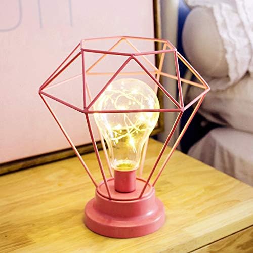 Desk Lamp Iron Wrought Diamond Shape Bedside Lamp Battery Powered Night Light Led Decorative Lighting for Home Bedroom Living Room 1PC (Pink)